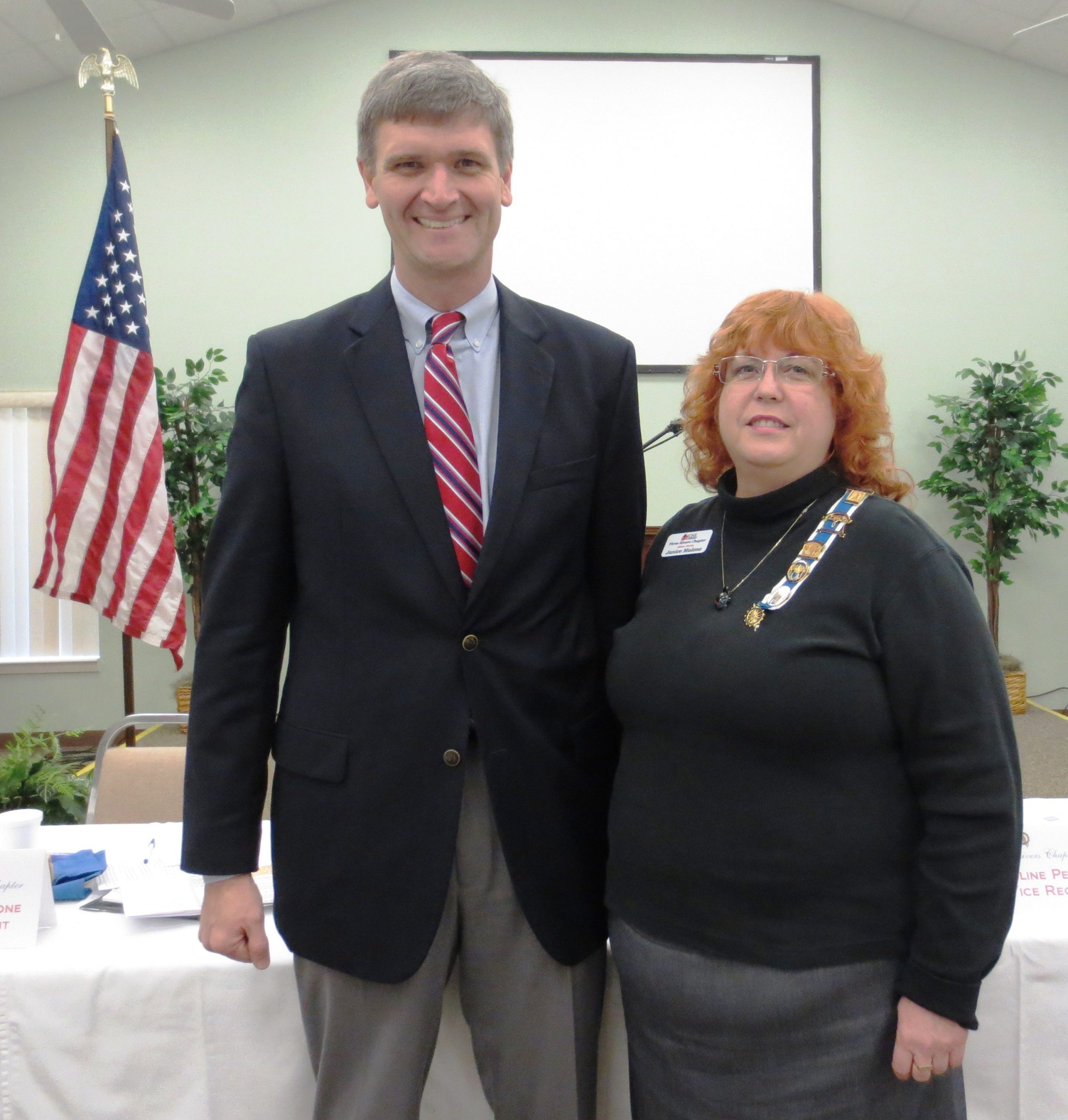 Guest speaker Hill Goodspeed and Vice Regent Janice Malone at Saturday’s Three Rivers Chapter, National Society Daughters of the American Revolution meeting at Bagdad United Methodist Church.