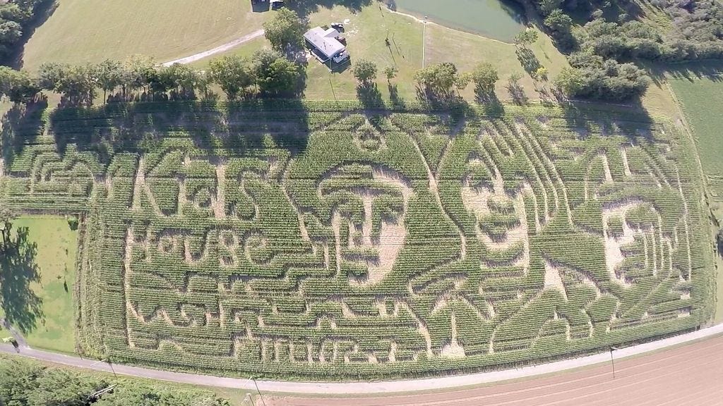 This aerial shot of the Sonshine Family Farms corn maze comes from David Huddleston using his drone. The theme this year is first responders with a police officer, EMT, and firefighter. Notice the maze design also includes the Santa Rosa Kids' House.