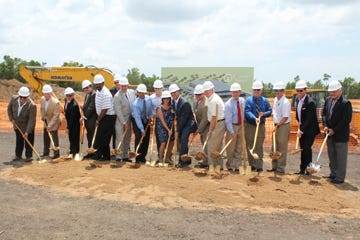 Milton mayor Guy Thompson, Pensacola mayor Ashton Hayward, Santa Rosa County commissioners Jim Melvin, Don Salter, and Lane Lynchard along with Goldring Gulf Distribution members broke ground Monday afternoon on the new facility consolidating the Pensacola and Fort Walton centers. Elliot Maisel, chairman and CEO of Gulf Distributing LLC, said the 191,450 square foot facility should be open before Christmas. Maisel credited local contractors who specifically work on beverage facilities for the speedy projected completion time