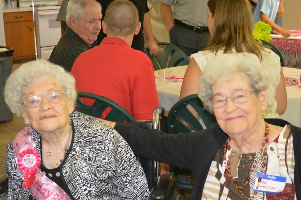 Celebrating her 100th birthday with her sister Ethel Henderson, 95, who also resides at Sandy ridge Health and Rehabilitation in Milton.