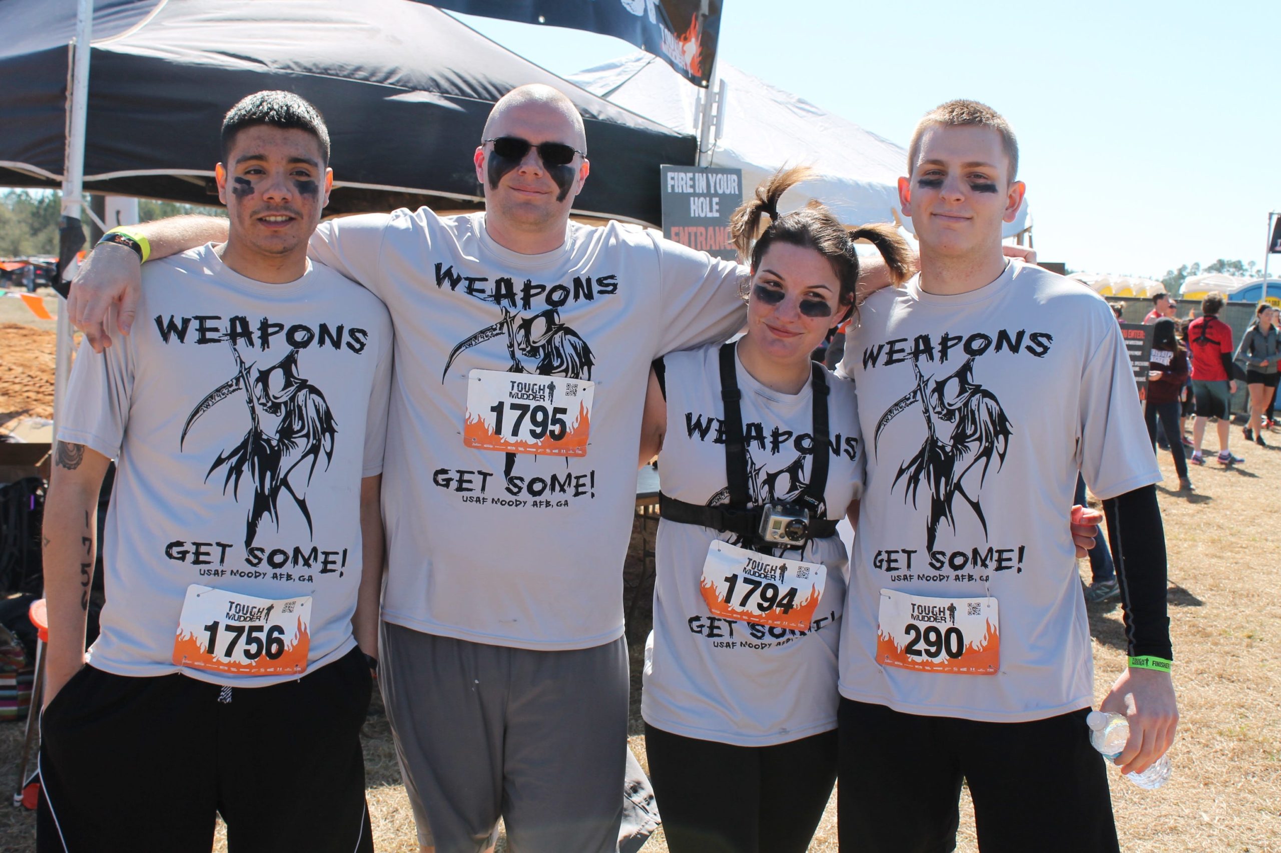 United States Air Force members from Moody AFB in Georgia ran the Tough Mudder. Nikolas Ramirez (left) and Tyler Chastain (right) ran it for the first time while Kraig Barritt and DeeAnn Thomas (middle left and middle right) each kissed the mud twice before. According to Tough Mudder's Economic Impact Report, over 60 percent of participants said they are likely to return to Santa Rosa County within the next year.