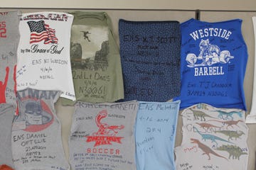 This wall of t-shirt tails is from past graduates of Trident’s flight school featuring the students’ names, the date, and a quote from the experience. Buskirk said the tradition likely started from days before radio, when an instructor would pull on a student’s shirt, directing to the left or right. Cutting the shirt tail off symbolized the student taking control.